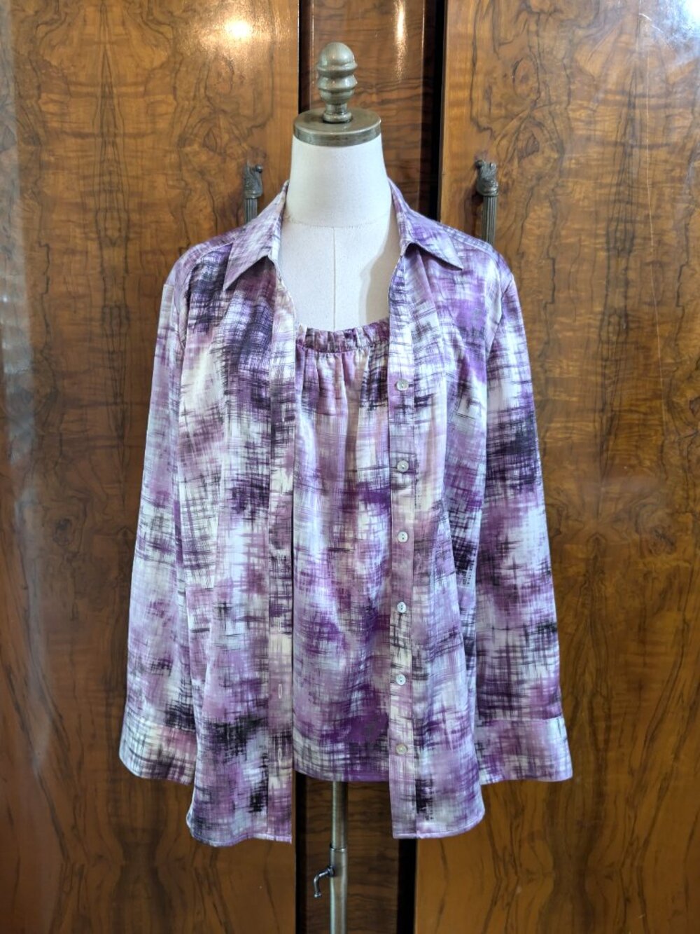 Chico's 2pc Twin Set L 2 Purple Silver Abstract Brushstroke Silky Satin Shirt